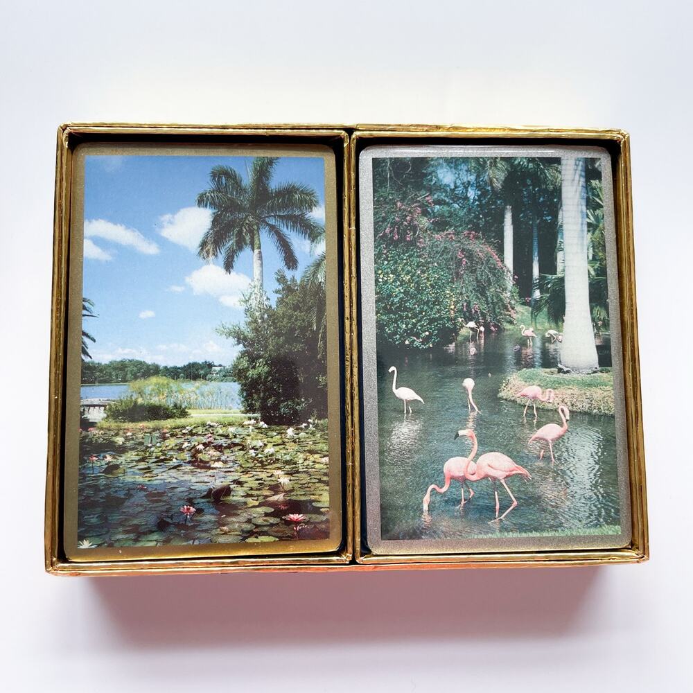 New Sealed Vintage MCM Playing Cards Two Decks and Case Palm Beach Flamingos